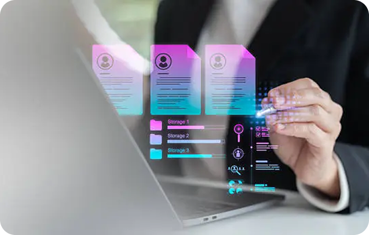 AI-powered recruitment platform showing holographic candidate profiles above a laptop